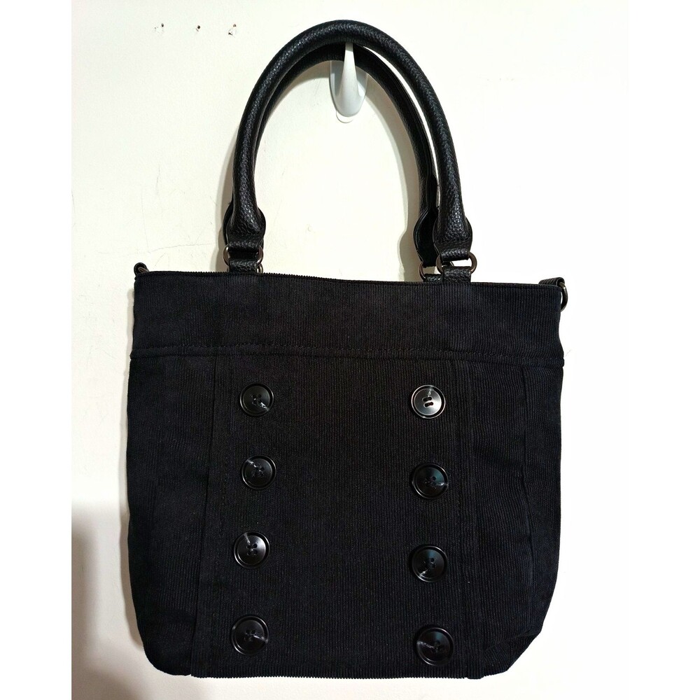 Y2K Black cordorouy button front Tote Handbag Zip Top Double Handles Pockets